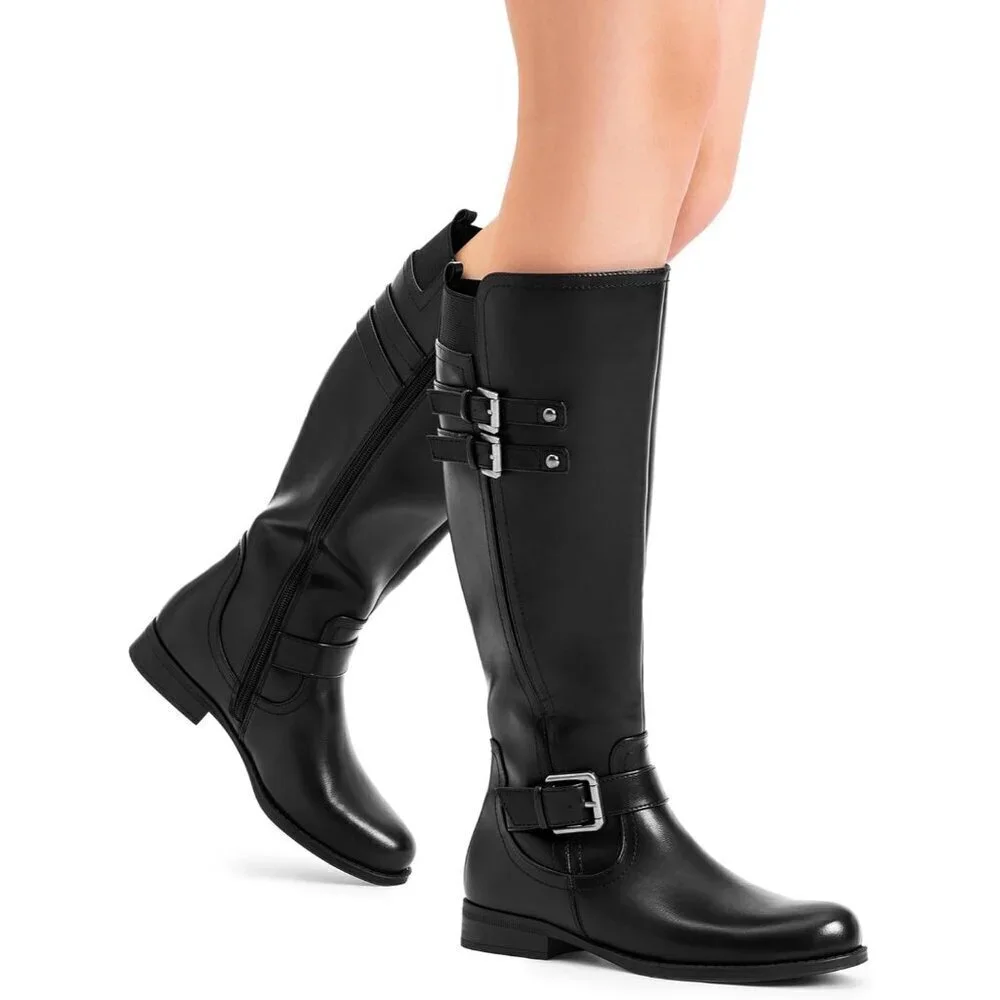 🆕Womens Faux Leather Black Knee High Buckle Chunky Heel Flat Riding Pirate Boot